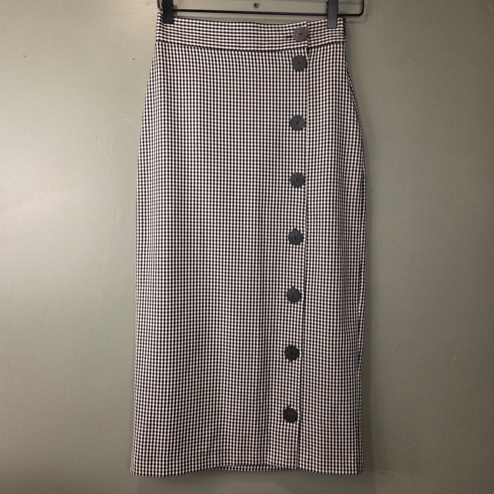Zara Women's Houndstooth Plaid Midi Skirt Button Details Black White Size XS